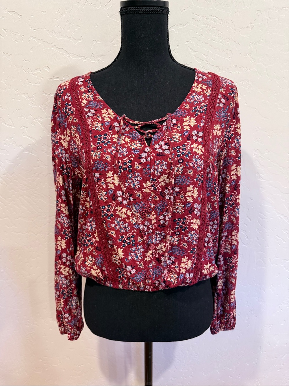 Self Esteem Burgundy Floral Lace-Up Long Sleeve Top